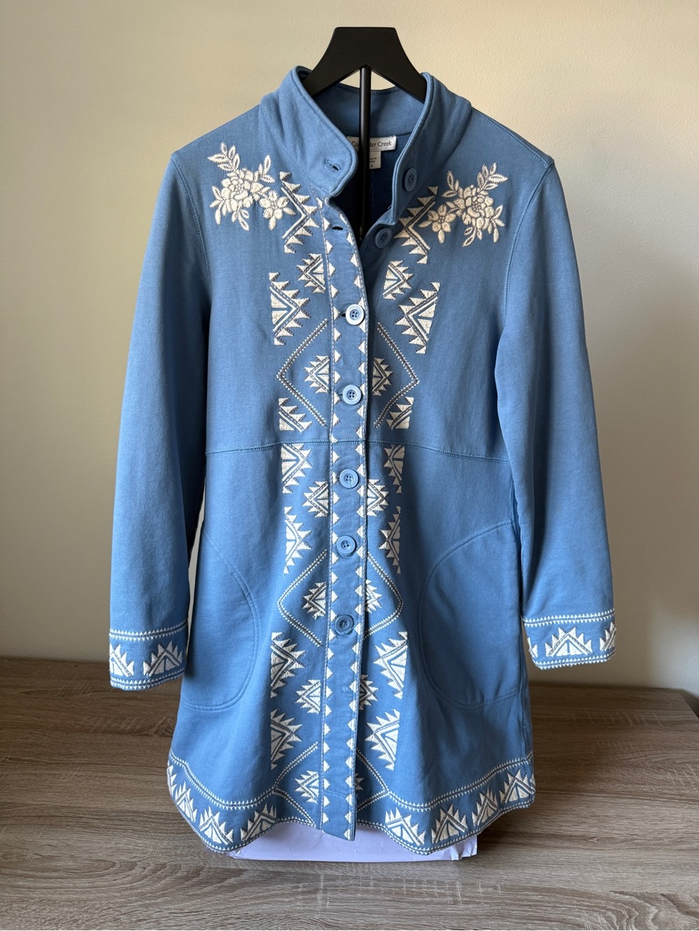 Coldwater Creek Blue Embroidered Cotton French Terry Button Front Jacket Small